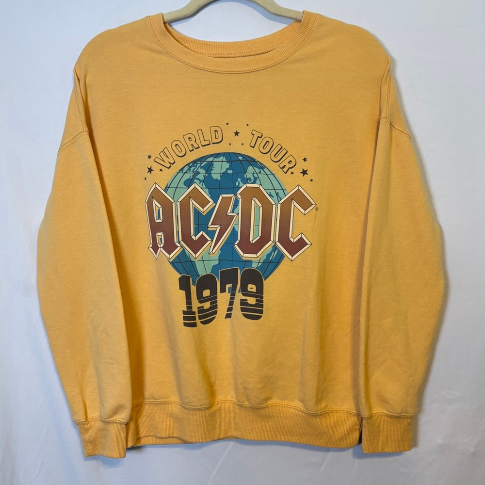 AC/DC World Tour 1979 Graphic Sweatshirt Mustard Yellow XS Band Tee Pullover